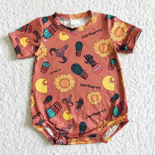SR0021  Brown Cactus Cow Sunflower Print Romper