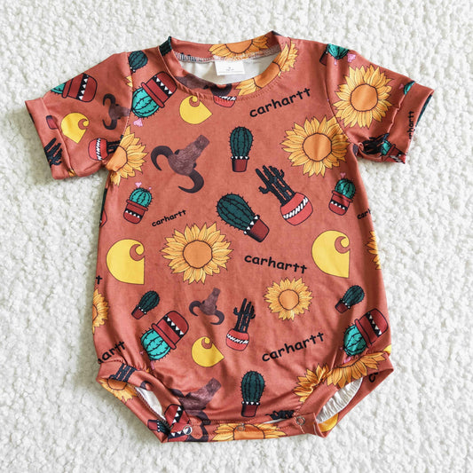 SR0021 Brown Cactus Cow Sunflower Print Romper