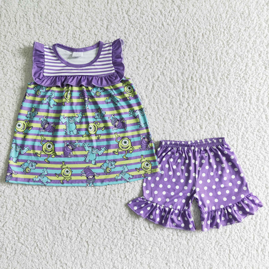 GSSO0077 Animal print paneled striped purple sleeveless top with purple polka-dot shorts