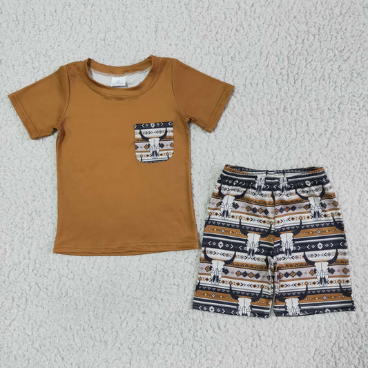 BSSO0073   Brown Pocket Short Sleeve Top with Cow Print Shorts Set