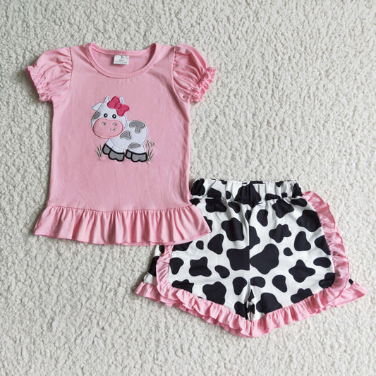GSSO0105   Girls' Pink Cow Short Sleeve Lace Shorts Suit