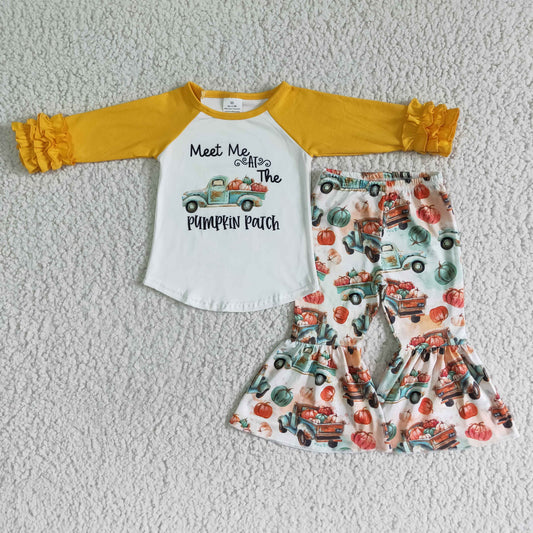 6 A2-13   Children's Yellow Pumpkin Car Halloween Long Sleeve Set