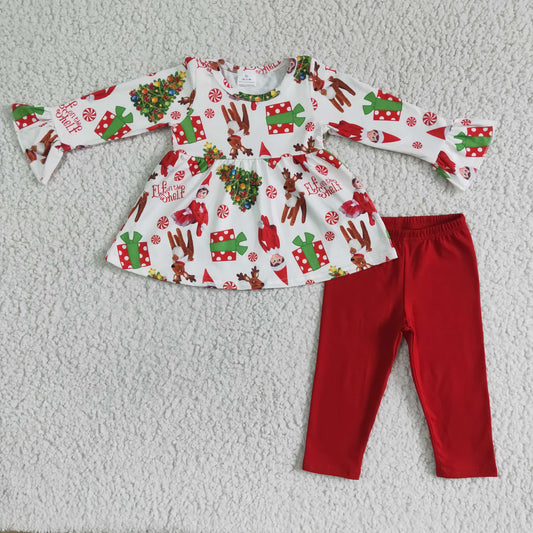 6 A22-14  Christmas villain print white long-sleeved top with red trousers suit