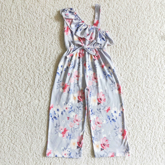 SR0008  Pink floral slanted shoulder short sleeves with trousers