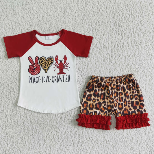C14-15   Gesture Heart Lobster Pattern White Patchwork Red Short Sleeve Top with Leopard Print Short Sleeve Suit
