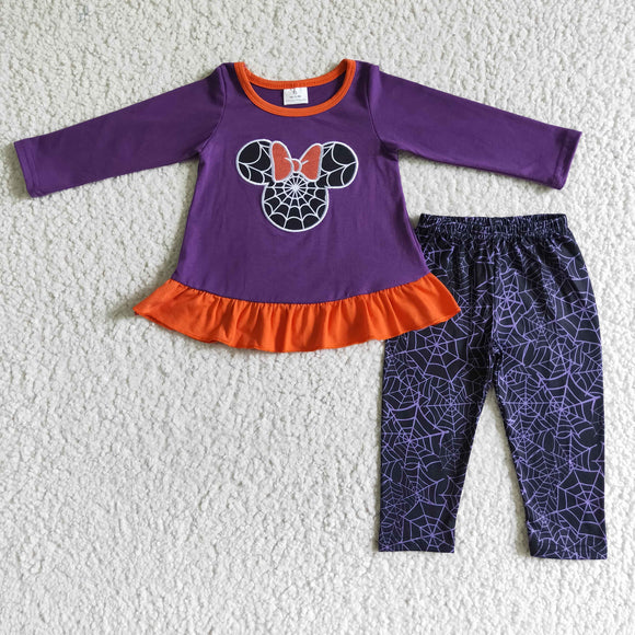 GLP0025   Girls Embroidered Spider Web Mickey Purple Long Sleeve Pants