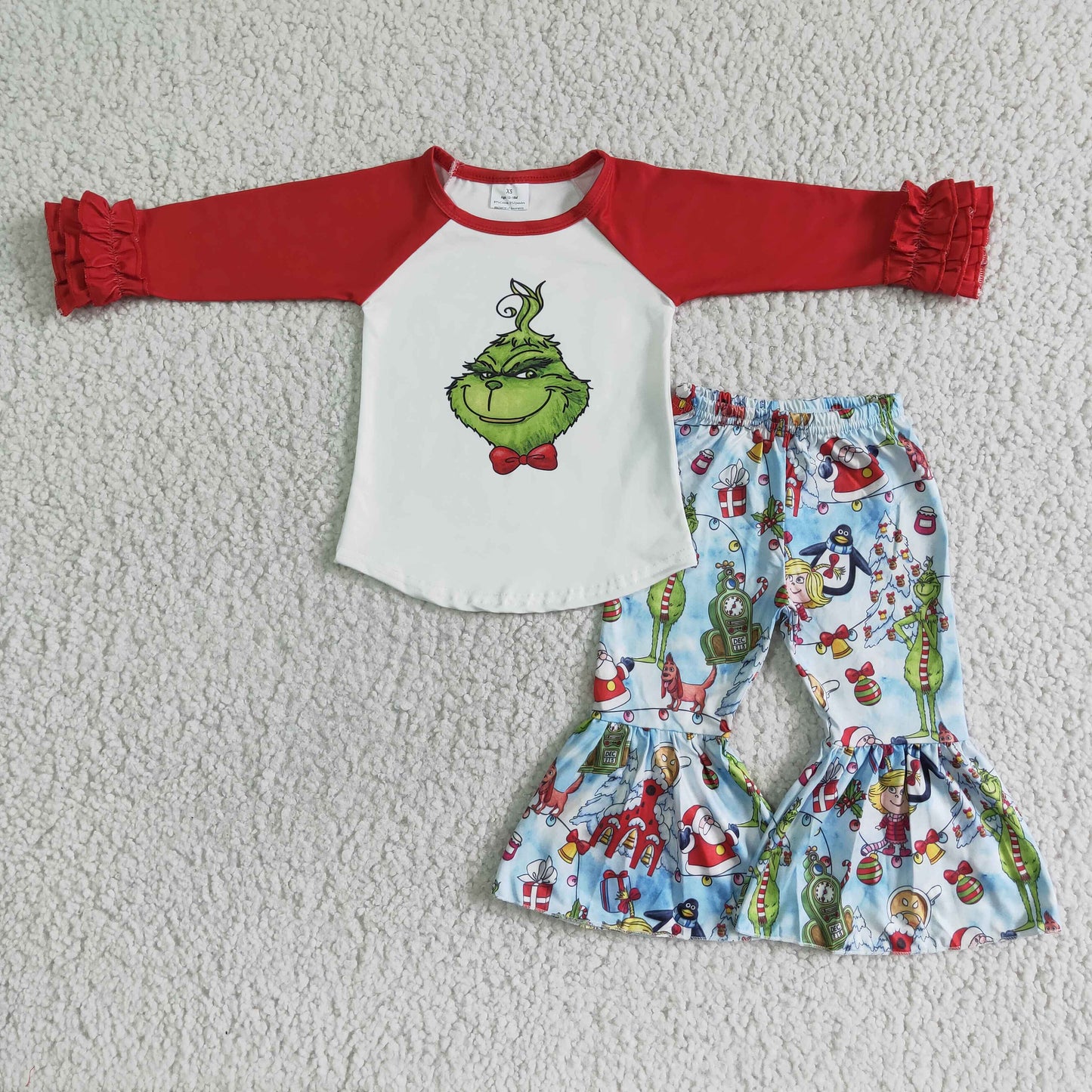 6 B4-17   Christmas cartoon image print long-sleeved top with printed flared trousers