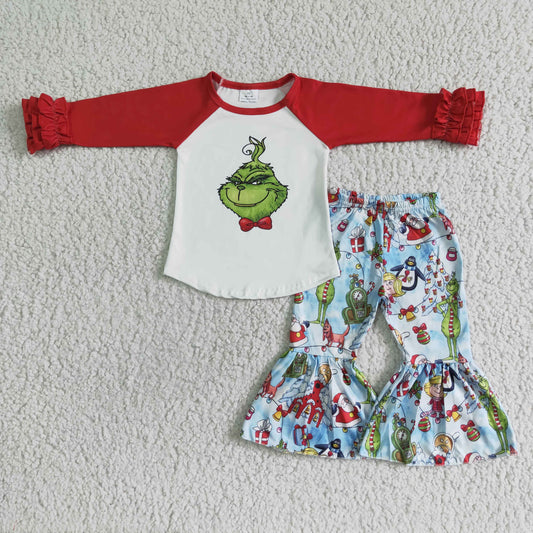 6 B4-17   Christmas cartoon image print long-sleeved top with printed flared trousers