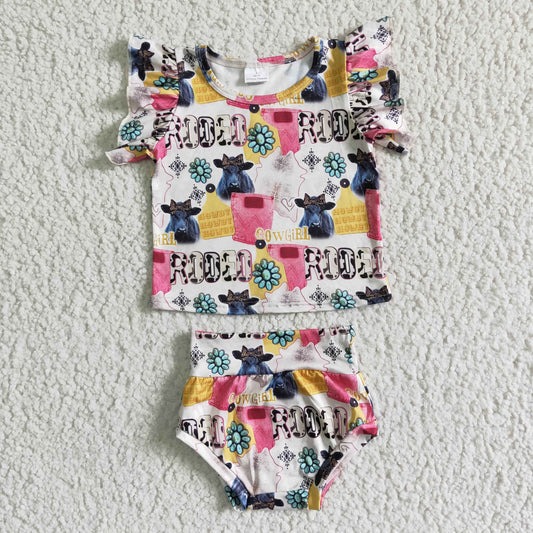 GBO0044  Cow Monogram Short Sleeve Shorts Set