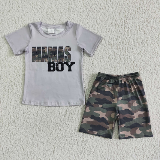 BSSO0049 Alphabet-print grey short-sleeve top with camouflage shorts