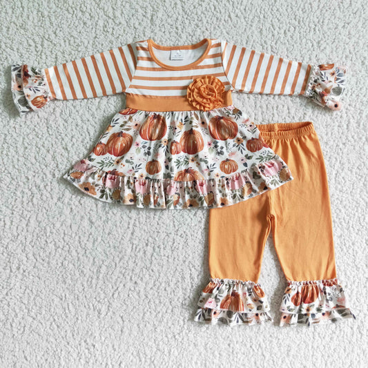 GLP0018 Girls' Autumn Pumpkin Flower Long Sleeve Pants Set