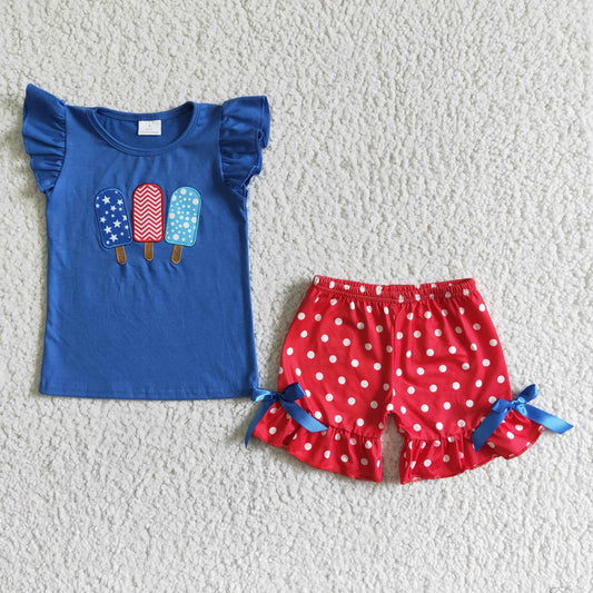 GSSO0090  Popsicle embroidered navy blue short-sleeved top with polka-dot red shorts