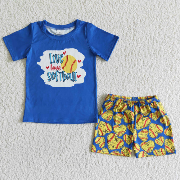 BSSO0020 Summer Boys Blue Short Sleeve Top with Baseball Graphic Printed Shorts