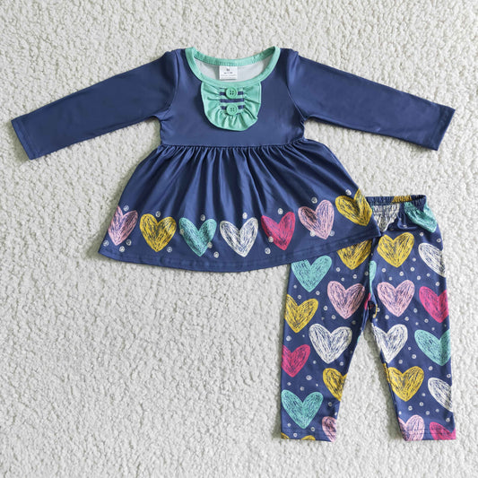 6 A23-7 Valentine's Day Heart Pattern Blue Long Sleeve Pants Set