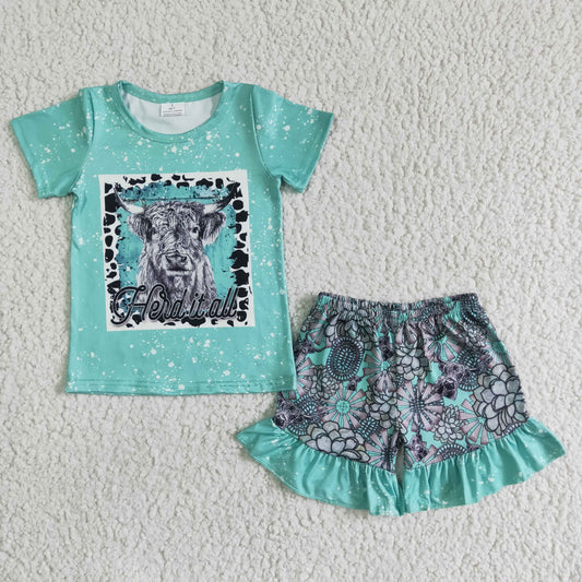 GSSO0066  Grey cow graphic print green short-sleeved top with printed flared trousers