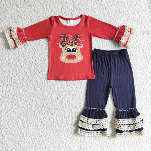 6 A14-27  girls Christmas Leopard Bow Antlers Red Long Sleeve Lace