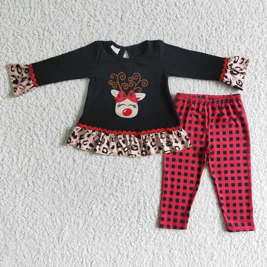 6 A18-27   Girls Christmas bow embroidery deer head black plaid leopard print