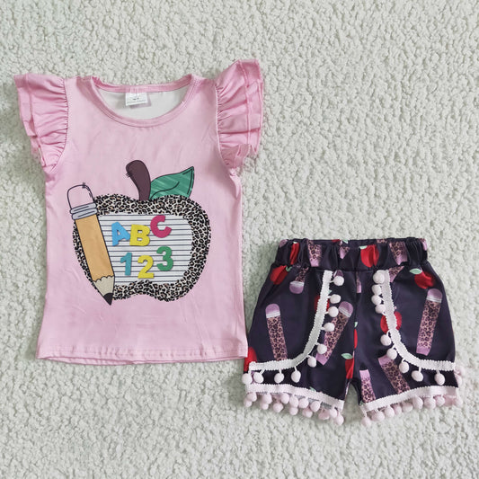 GSSO0116   Letter apple pattern pink short-sleeved top with shorts