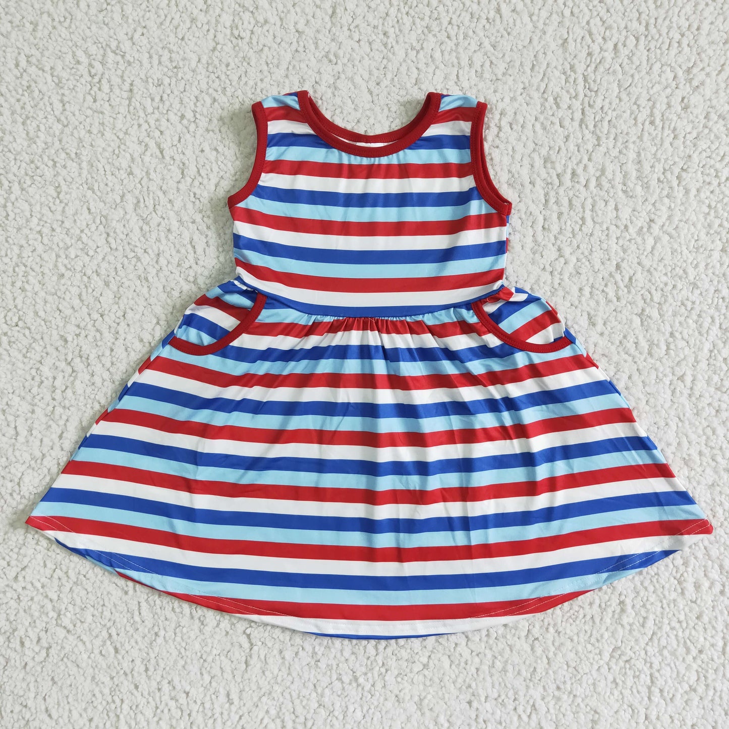 A1-13-2  Red, white and blue striped stitching pocket dress