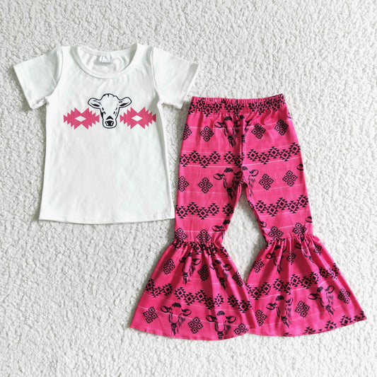 GSPO0049  Bull head print white short-sleeved top with printed rose red flared trousers