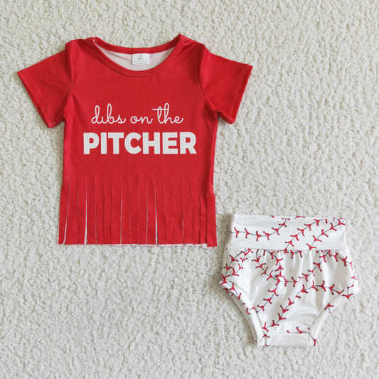 GBO0002    Red fringed short-sleeved top with white baseball shorts