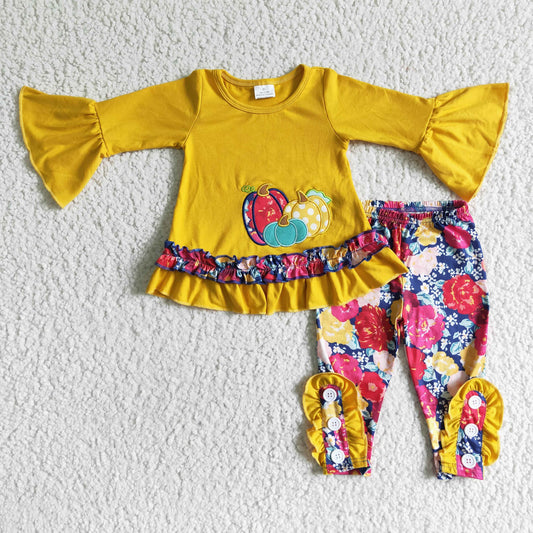 GLP0006   Girls Autumn Embroidered Pumpkin Yellow Long Sleeve Flower Trousers Suit