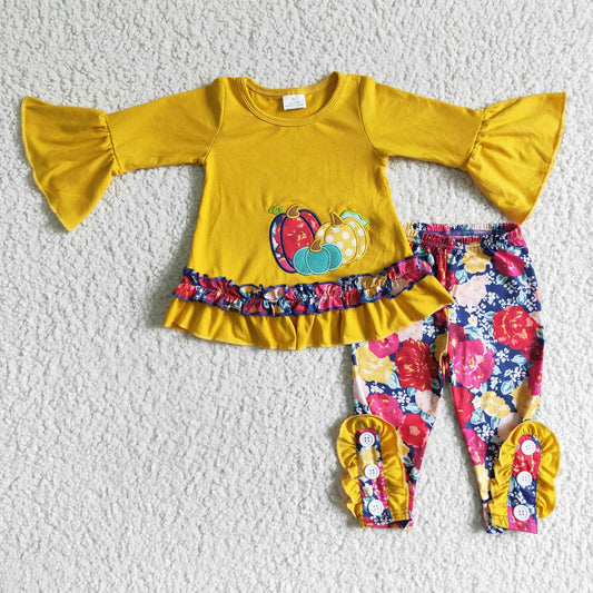 GLP0006 Girls Autumn Embroidered Pumpkin Yellow Long Sleeve Flower Trousers Suit