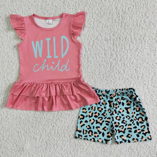 GSSO0036  Pink letter print short-sleeved top with leopard-print blue shorts