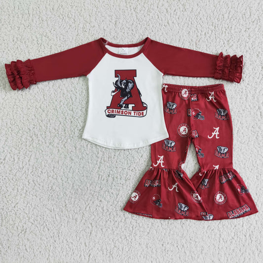 6 A25-1     girl	 A Letter Elephant Pleated Red Long Sleeve Flared Pants Set