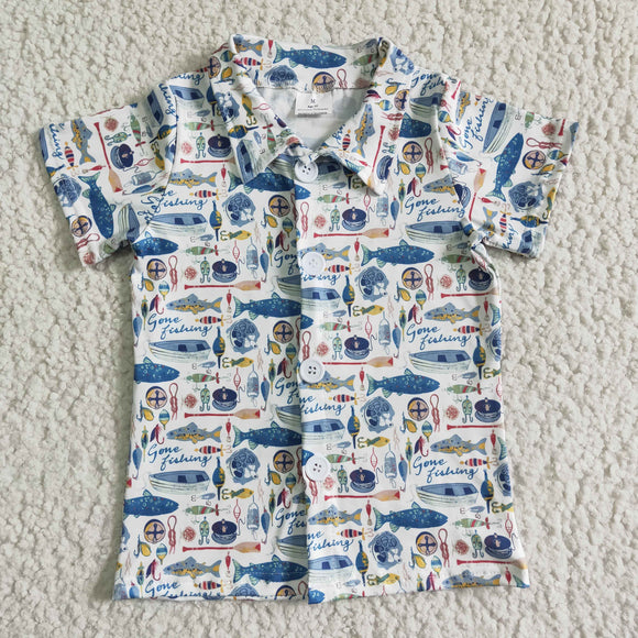 BT0010  Fish Fishing Boat Print Short Sleeve Top