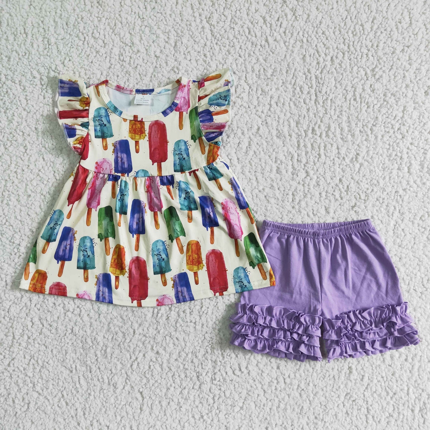 A6-22 Colorful popsicle print short-sleeved top with purple shorts