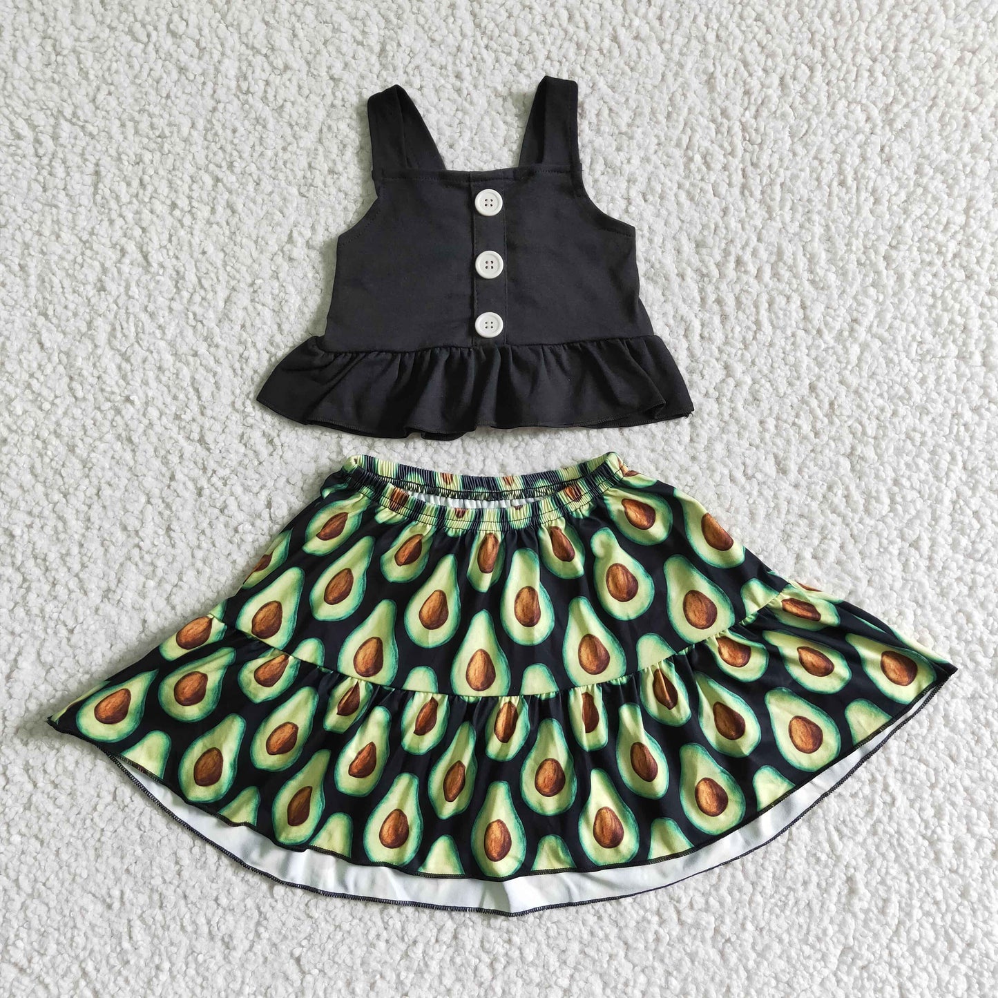 GSD0081  Girls Black Button Slip Top with Avocado Print Skirt