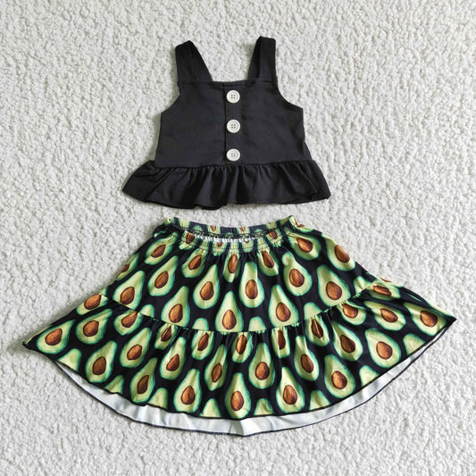 GSD0081  Girls Black Button Slip Top with Avocado Print Skirt