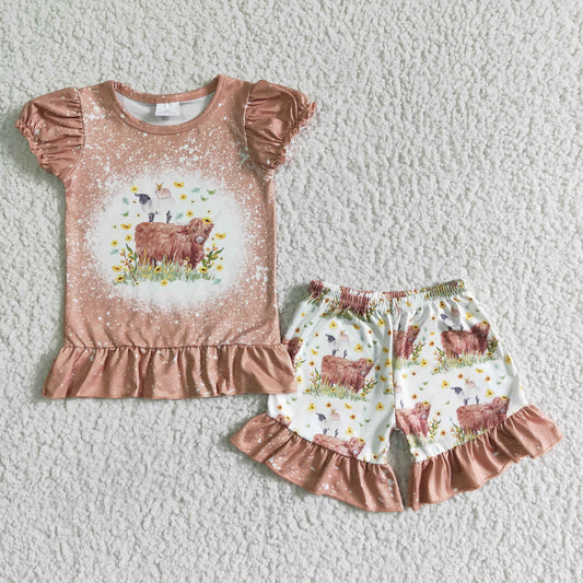 GSSO0083 Light brown cow and sheep animal print short-sleeved top with shorts