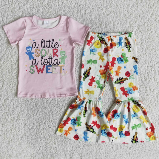 RTS Baby Girls Pink Color Cartoon Short Sleeve Tee Shirt Top Bell Bottom Pants Wholesale Kids Children Boutique Outfits Clothing