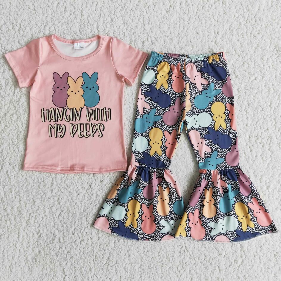 RTS Baby Girls Easter Bunny Print Holiday Kids Children Boutique Short Sleeve Tee Shirt Top Bell Bottom Pants Clothing Suits