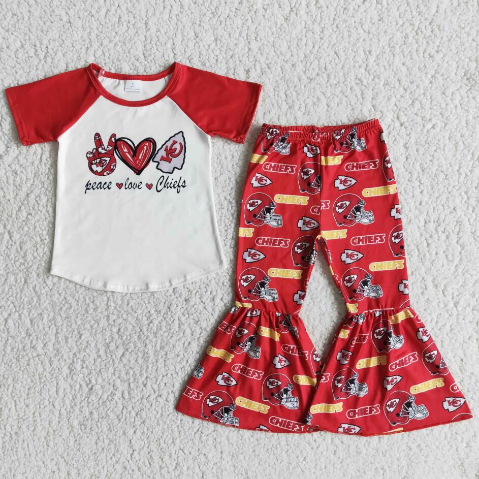 RTS Baby Girls Red Short Sleeve Raglan Top Bell Bottom Pants Children Boutique Football Team Wholesale Kids Clothing Suits