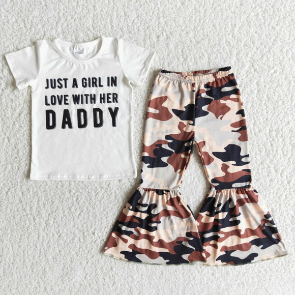 RTS Baby Girls Daddy Camo Valentines White Short Sleeve Tee Shirt Top Bell Bottom Pants Wholesale Cute Children Kids Clothing