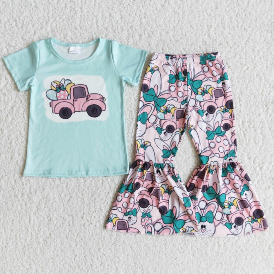 RTS Baby Girls Blue Easter Short Sleeve Tee Shirt Top Bell Bottom Pants Holiday Fashion Tractor Outfits Clothing Suits