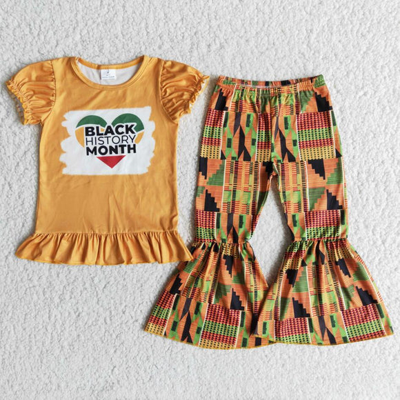 RTS Baby Girls Black History Short Sleeve Tee Shirt Top Bell Bottom Pants New Design Children Clothing Suits