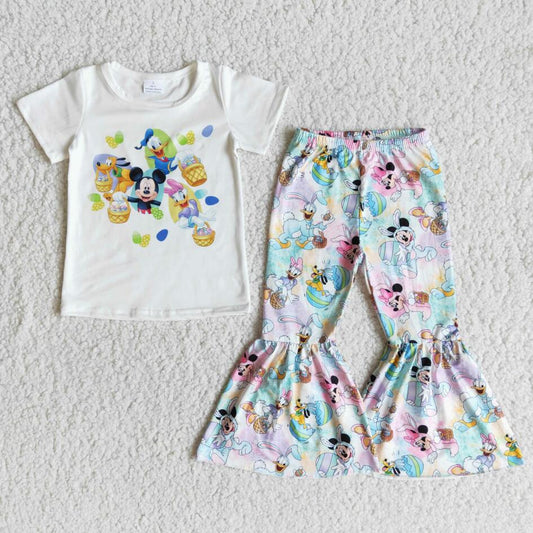 2022 rts no moq kids short sleeve cartoon top bell bottom pants 2pcs outfits kids spring summer holiday clothes