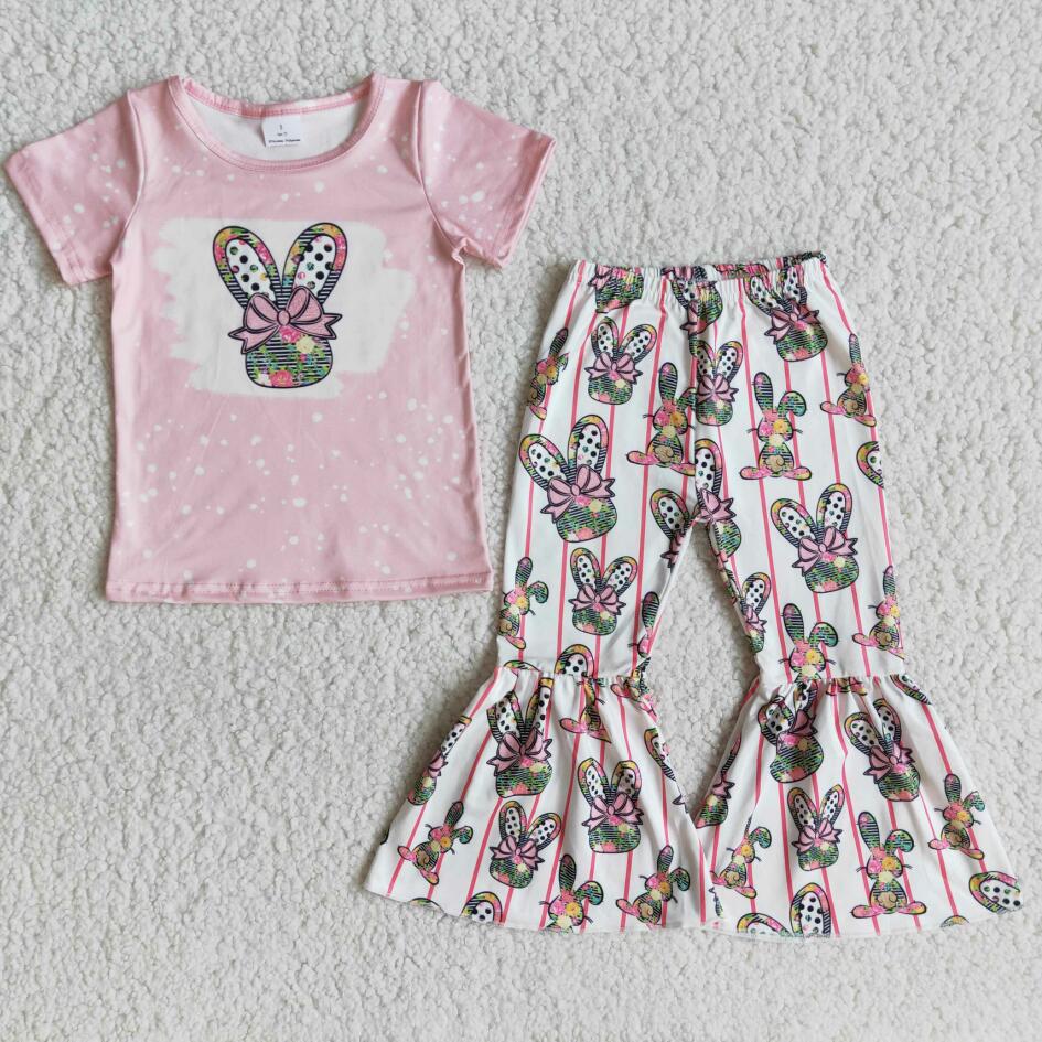 RTS 2022 Easter Bunny Print Bleached Baby Girls Short Sleeve Tee Shirt Top Bell Bottom Pants Wholesale Children Boutique Outfits