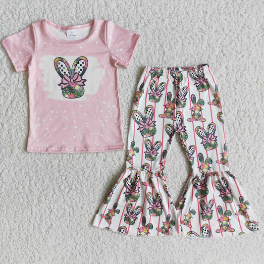 RTS 2022 Easter Bunny Print Bleached Baby Girls Short Sleeve Tee Shirt Top Bell Bottom Pants Wholesale Children Boutique Outfits