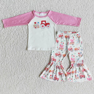 RTS 2022 Baby Girls Valentines Pink Tractor Design Long Sleeve Pink Raglan Bell Bottom Pants Wholesale Kids Clothing Suits