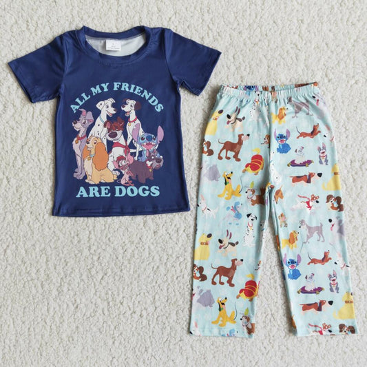 RTS NO MOQ all my friends letters navy cartoon dogs short sleeve pant boy outfits boys clothes kids clothing