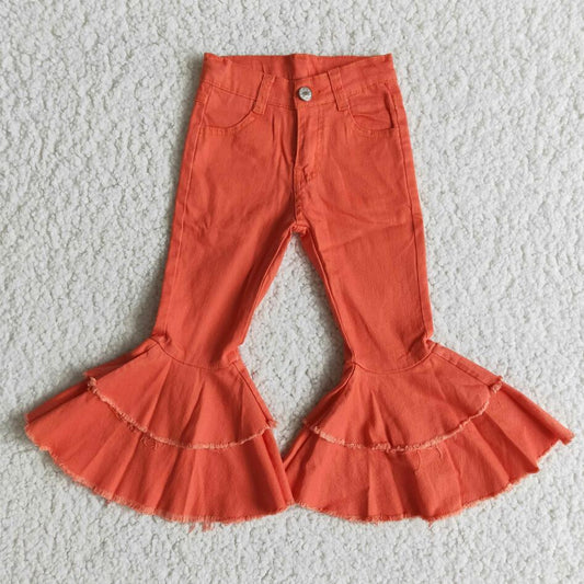 New Baby Girls Denim Bell Bottom Pants Adjustable Waist Stylish Kids Elastic Jeans Solid color Coral Red Wholesale Jeans Children