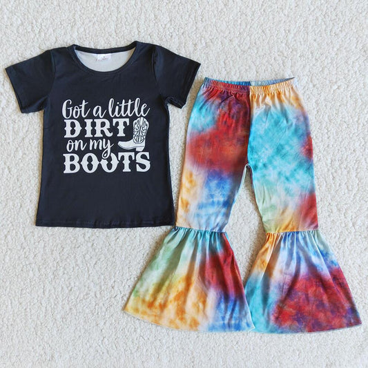 RTS Baby Girls Western Design Black Short Sleeve Tee Shirt Top Tie Dye Bell Bottom Pants Wholesale Toddler Boutique Outfits Sets