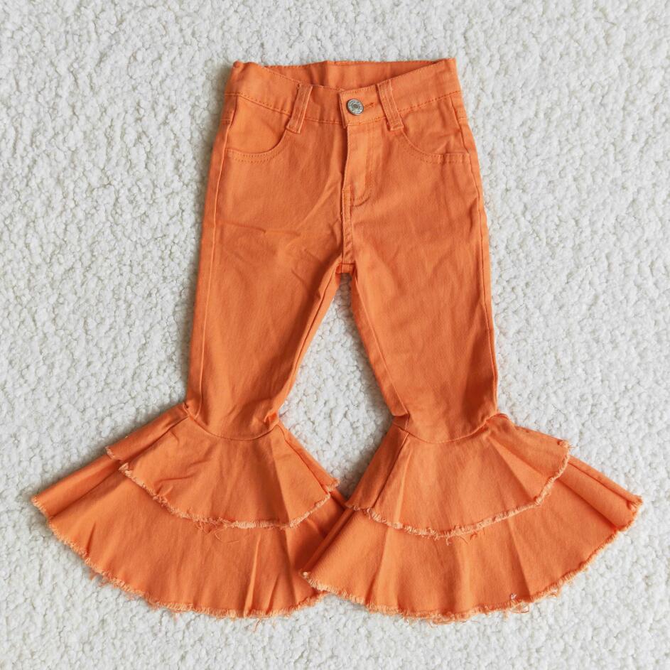 New Baby Girls Denim Double Flared Bell Pants Adjustable Waist Stylish Kids Elastic Jeans Solid color Wholesale Jeans Children