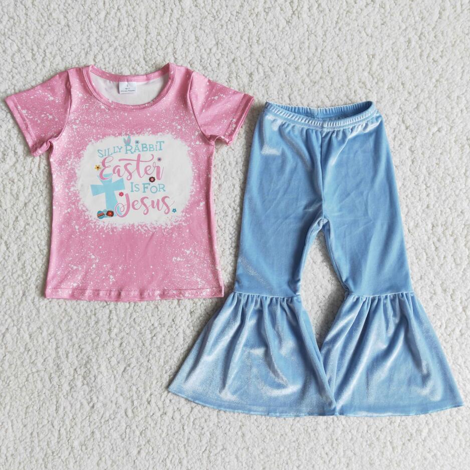 Easter Jesus silly rabbits pink top blue velvet pants girl clothes baby children wear short sleeves outfits girls clothing set