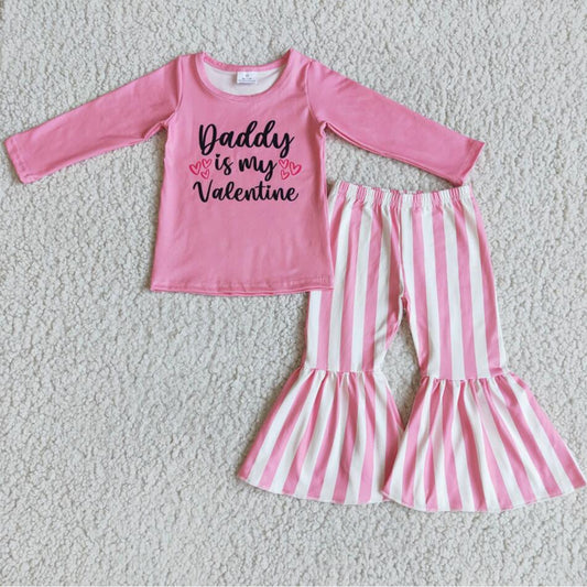 RTS 2022 Valentines Baby Girls Pink Daddy Long Sleeve Tee Shirt Top Stripe Bell Bottom Pants Children Toddler Boutique Outfits